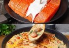 Knoblauchlachs in cremiger Soße mit Spinat und Kirschtomaten