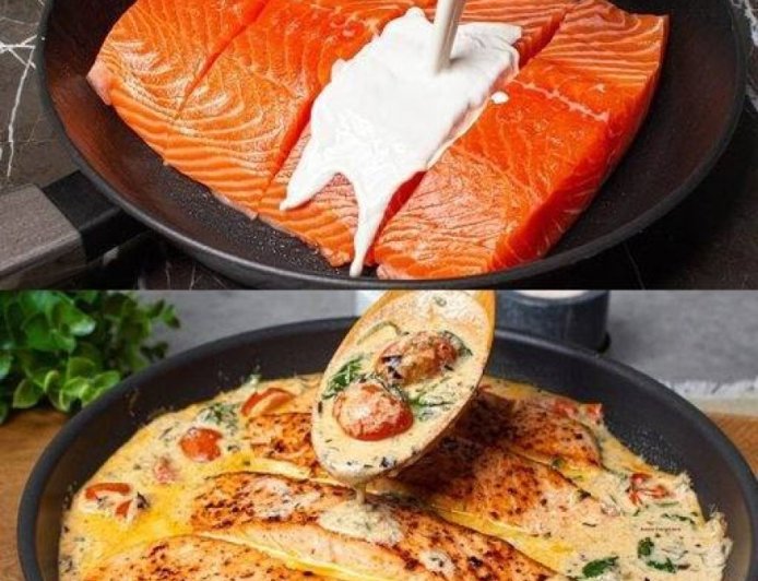 Knoblauchlachs in cremiger Soße mit Spinat und Kirschtomaten