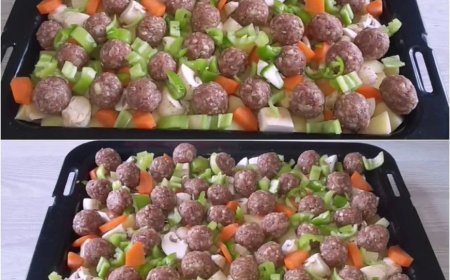 Gemüse mit Hackbällchen aus dem Backofen in 15 Minuten zubereitet