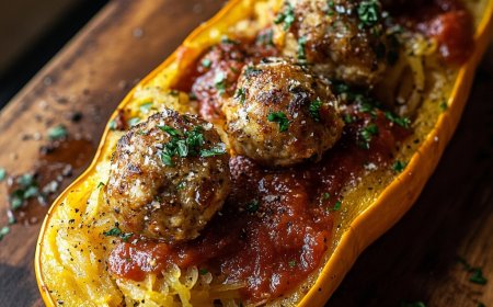 Hier ist ein köstliches und leichtes Rezept für Spaghettikürbis mit Soße und Putenfleischbällchen, ideal für eine gesunde und beruhigende Mahlzeit