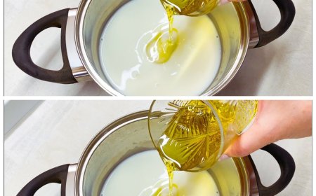 Das Olivenöl in die Milch gießen. Ich kaufe es nicht mehr im Laden. Einfach und schnell