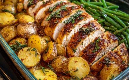 Ofengebrust mit Kräuterkruste, Kartoffeln & grünen Bohnen