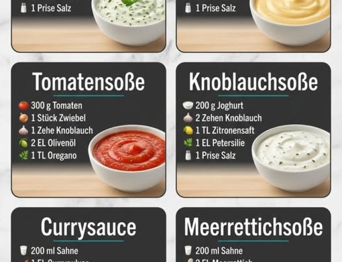 Kräutersauce, Käsesoße, Tomatensoße, Knoblauchsoße, Currysauce & Meerrettichsoße