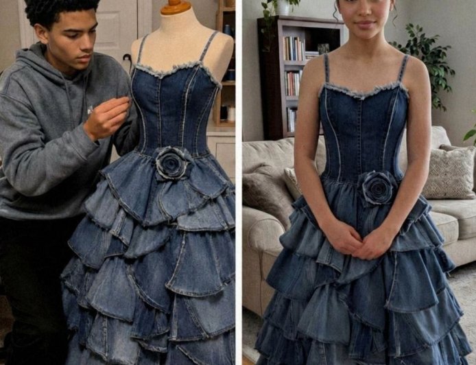Meine Stiefmutter weigerte sich, mein Ballkleid zu bezahlen, also nähte mein Bruder eins aus den alten Jeans unserer verstorbenen Mutter.